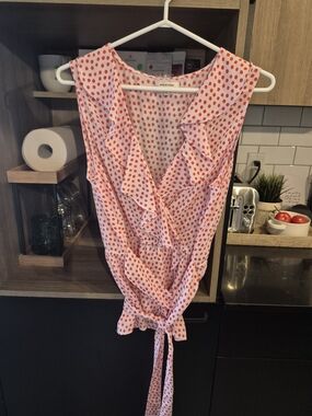 Max Studio Pink Polka Dot Ruffle Wrap Tank